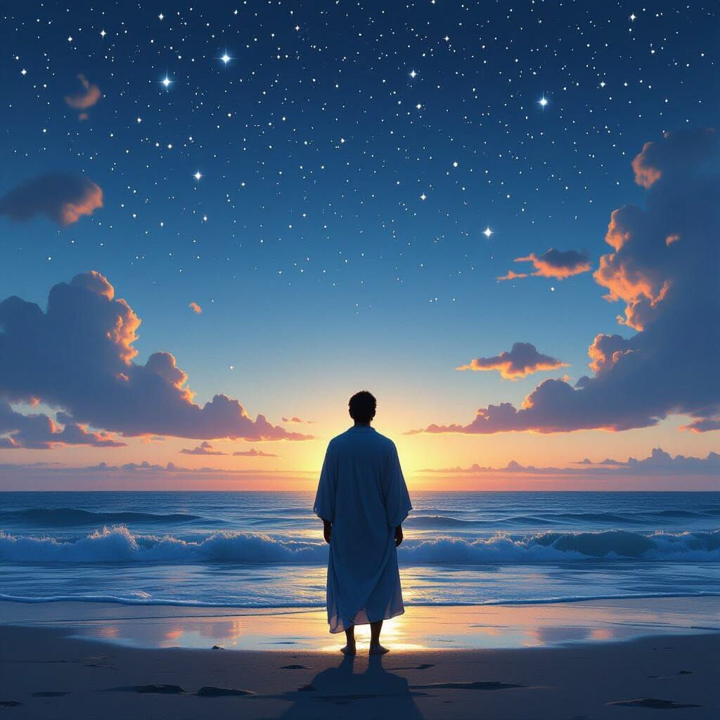 Lone Thinker at Ocean Edge Under Starlit Sky