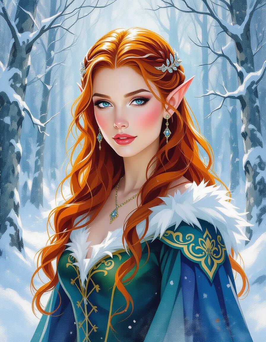 Ethereal Elf Queen in Snowy Forest, Renaissance Impasto Pain...
