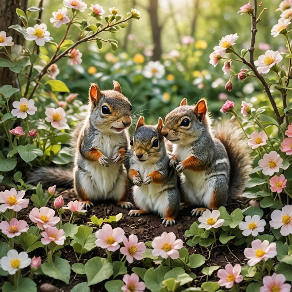 Baby Squirrels Playing in Spring Garden: Watercolor Style