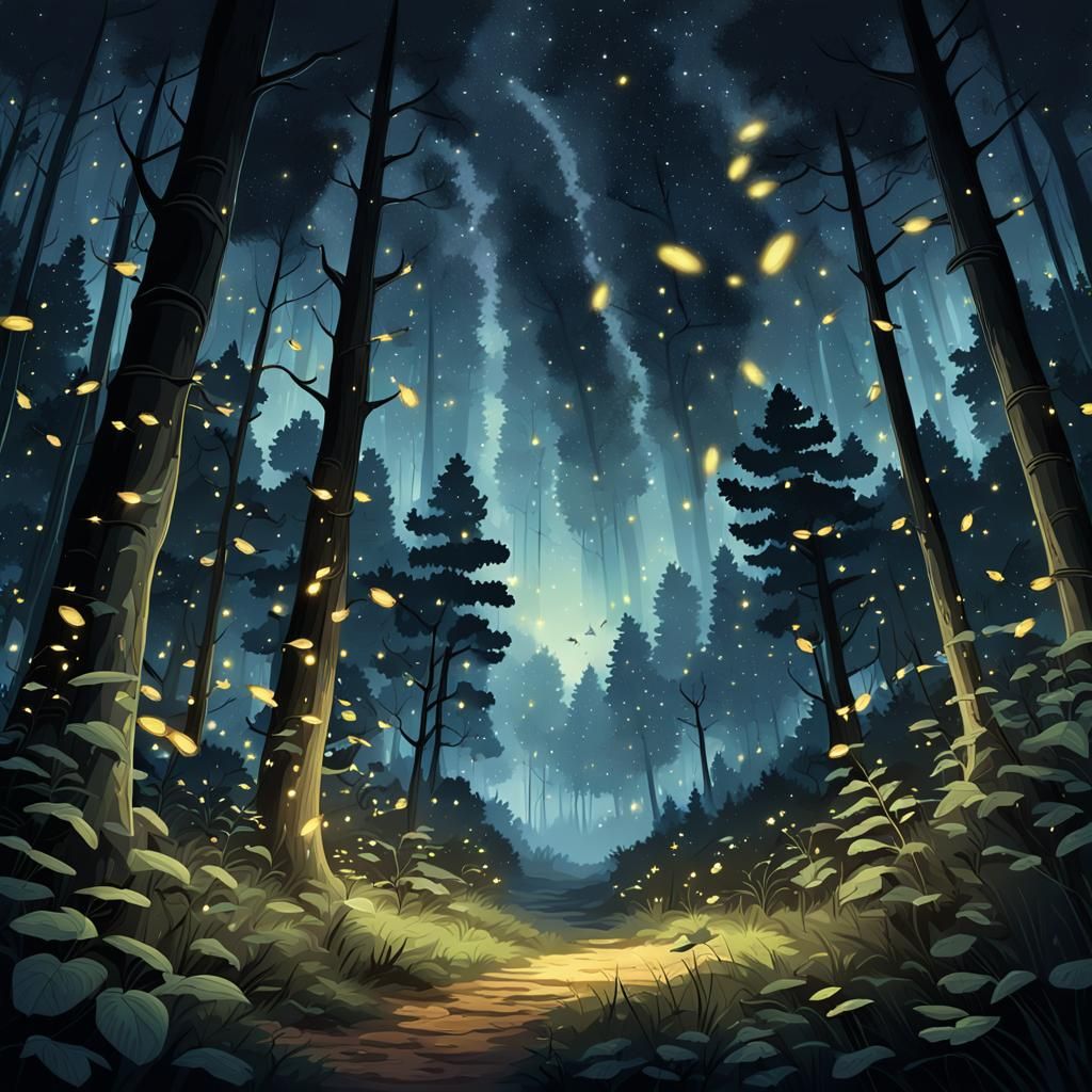 Magical Fireflies Dance in Starry Night Forest