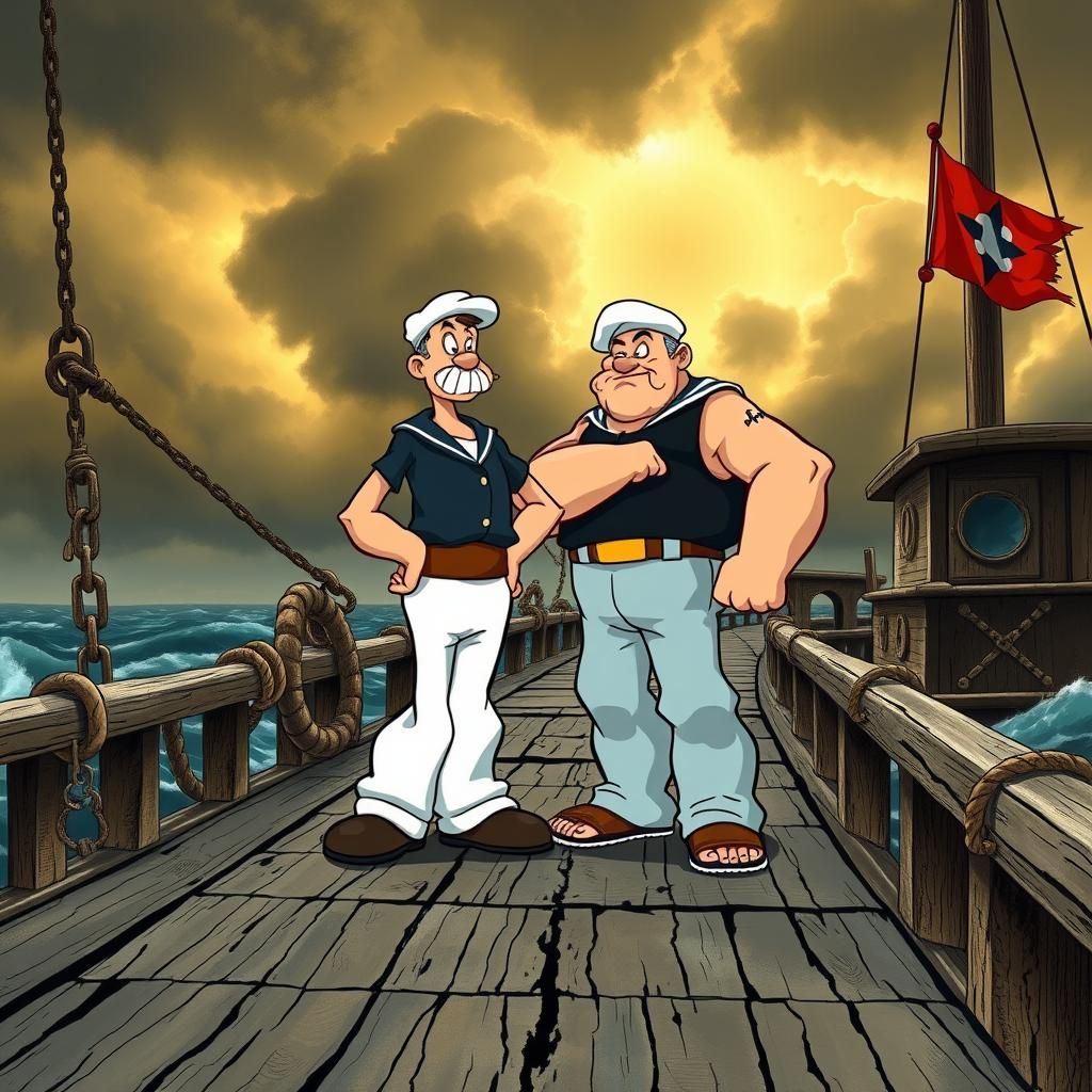 Popeye and Bluto on a Dock in Gritty Realism Style