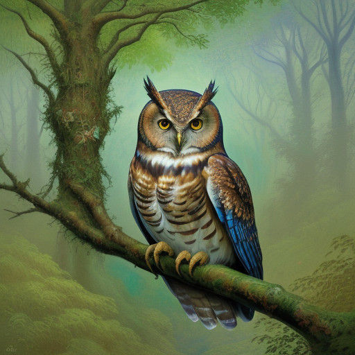Ethereal Gouache Masterpiece: Owl on Celtic Harp in Lush For...