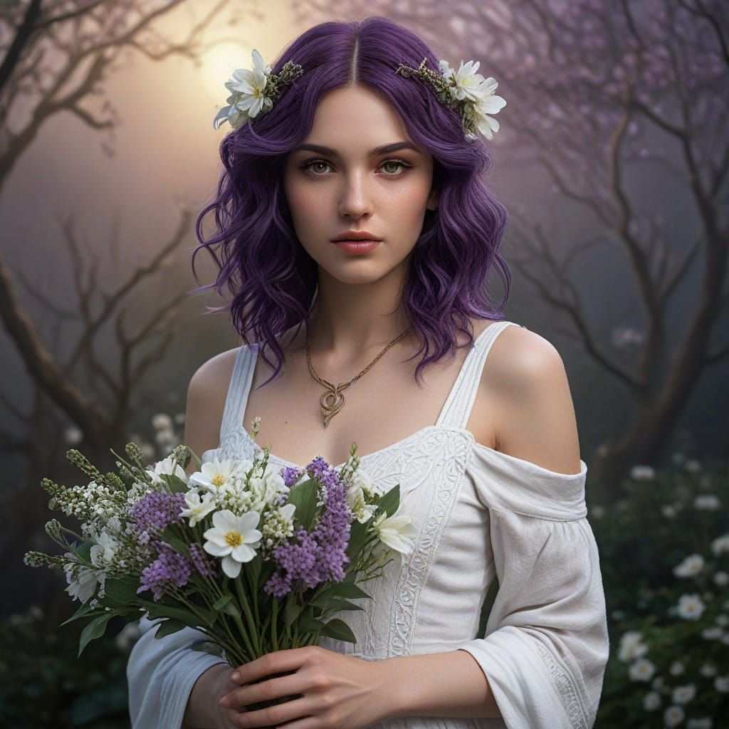 Mystical Celtic Goddess with Purple Hair and White Flowers