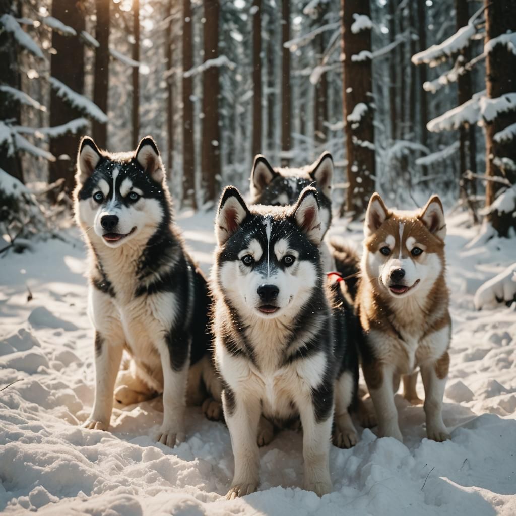 Husky Puppies Play in a Winter Forest