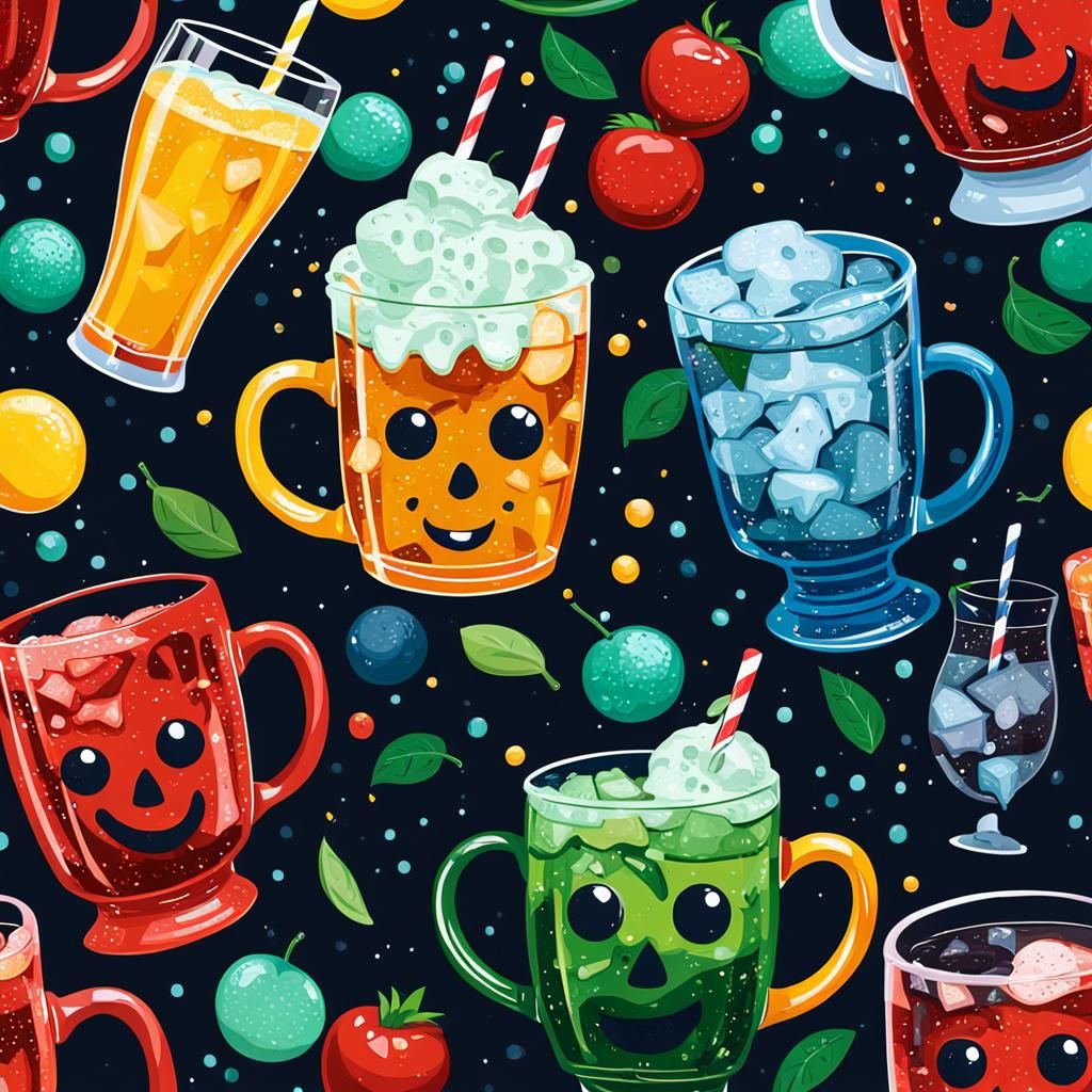 Carbonated drinks in mugs.