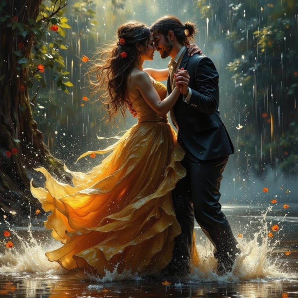 Romantic Couple Dancing in the Rain Painting