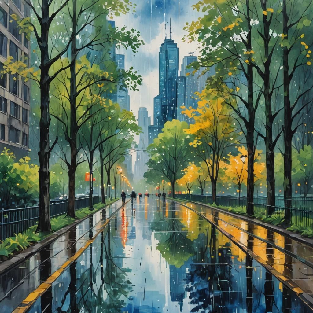 Rainy City Park Skyline Reflection as Impasto Gouache