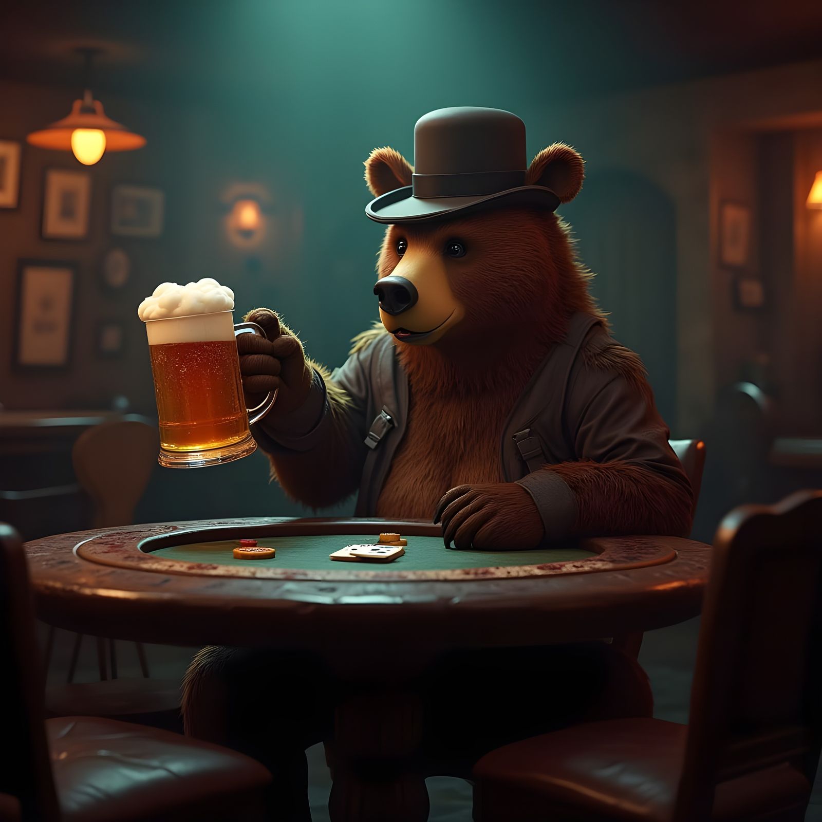 Grizzly Bear Poker Night in Pixar Style