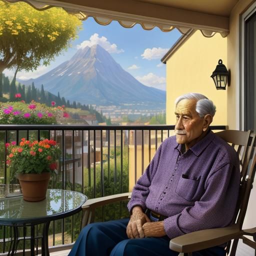 Impressionist Balcony View with Man and Flowers