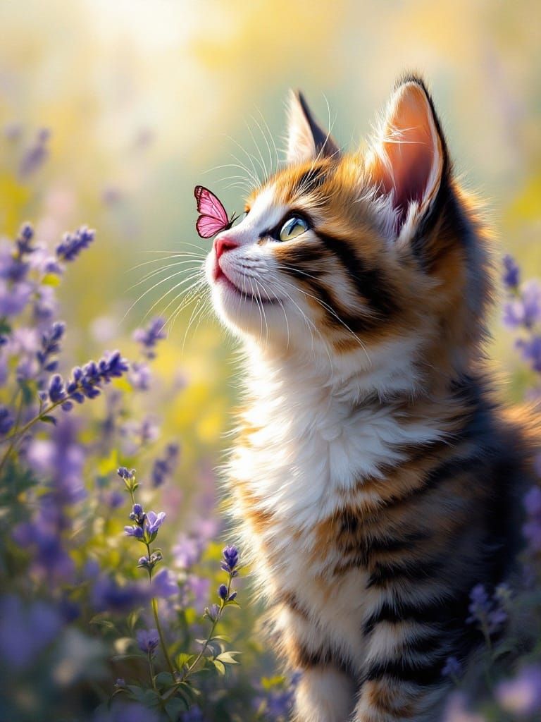 Fluffy Calico Kitten with Butterfly in Oil Painting Style