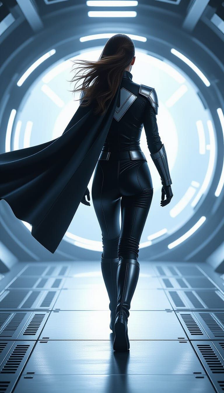 Spacewoman on Deck in Futuristic High-Contrast Style