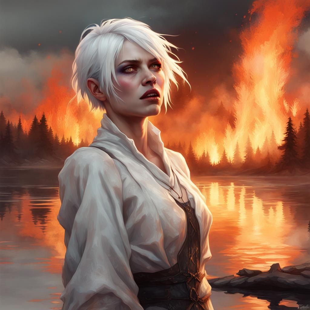 Gothic Woman Screaming Before Burning Lake