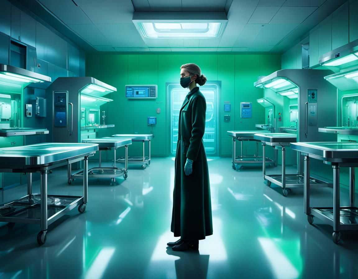 A Solitary Mortician in a Futuristic Morgue Setting