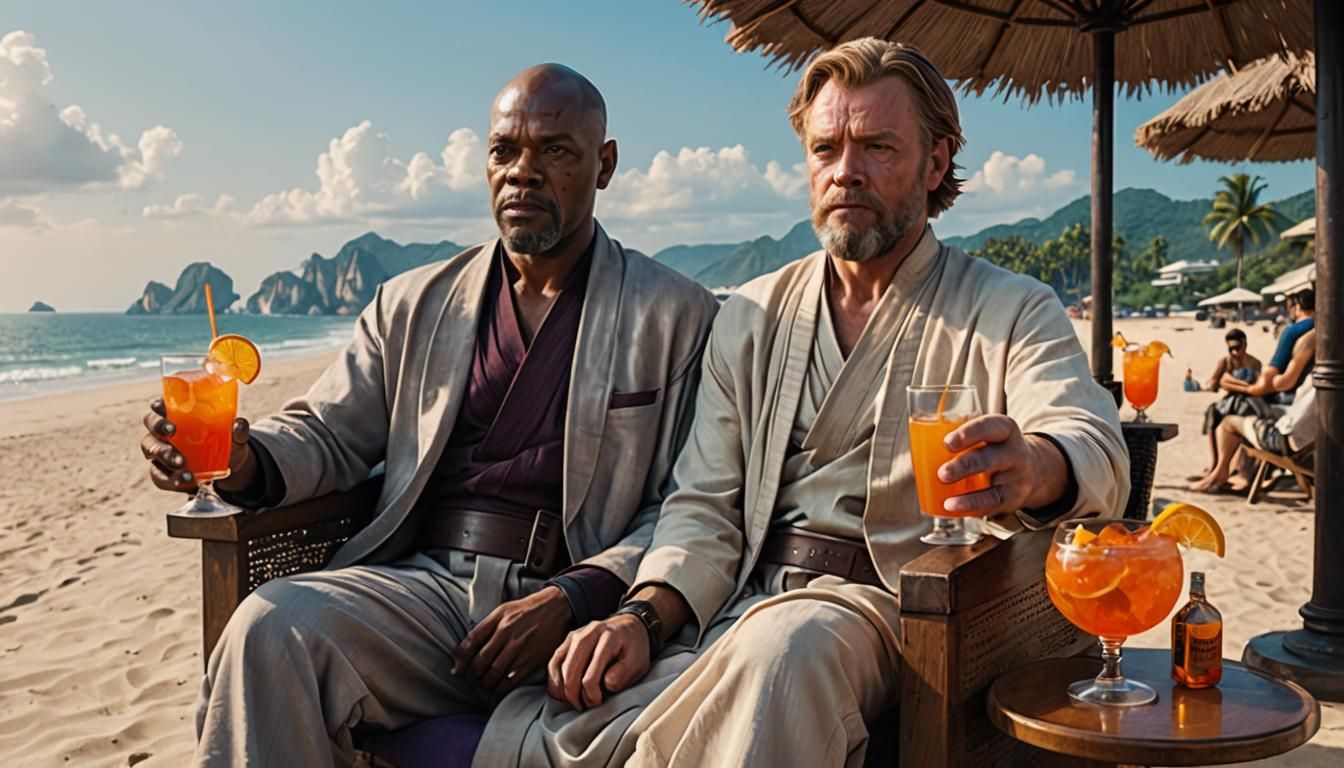 Figures on a Beach in Cyberpunk Style