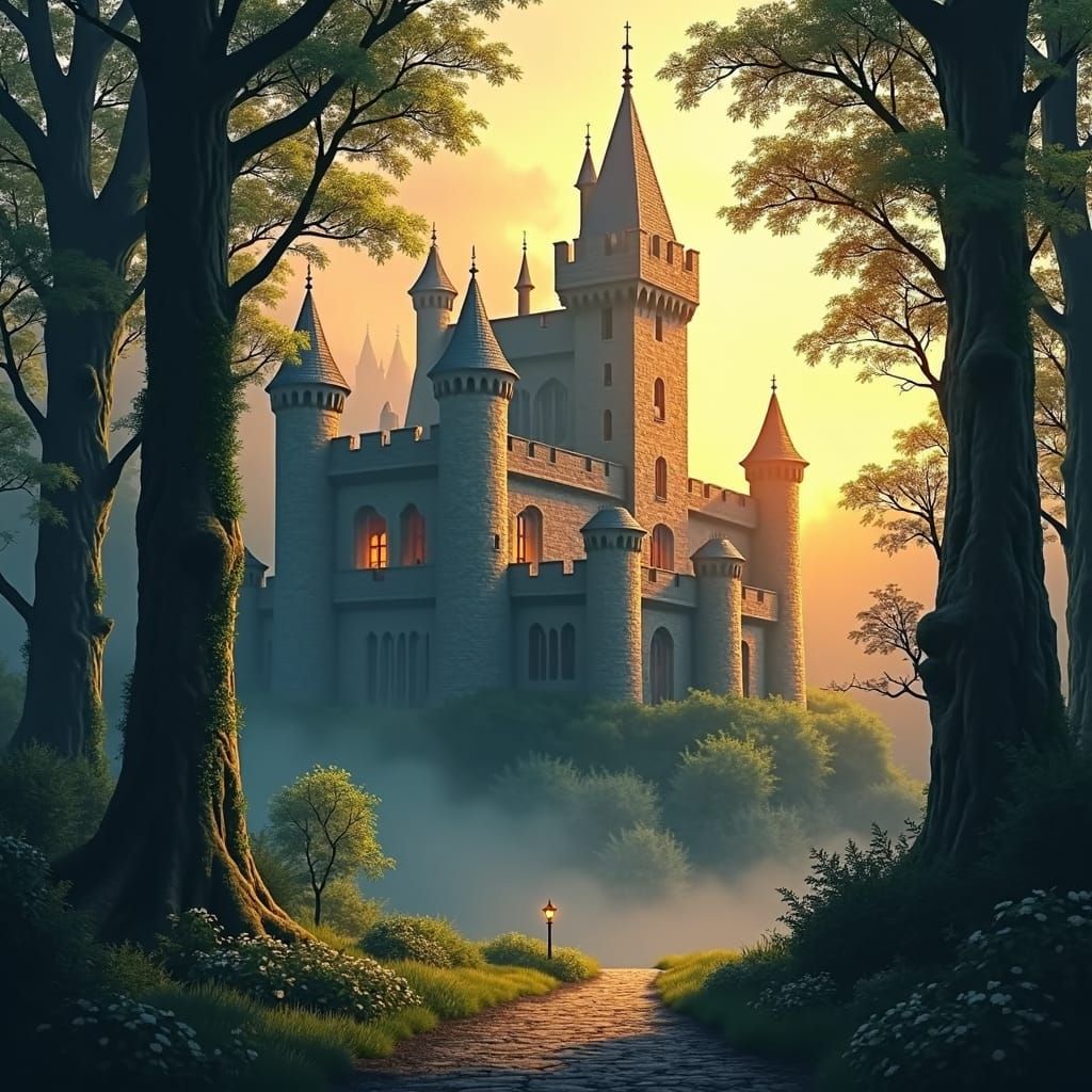 Detailed Medieval Castle in Forest, Digital Art