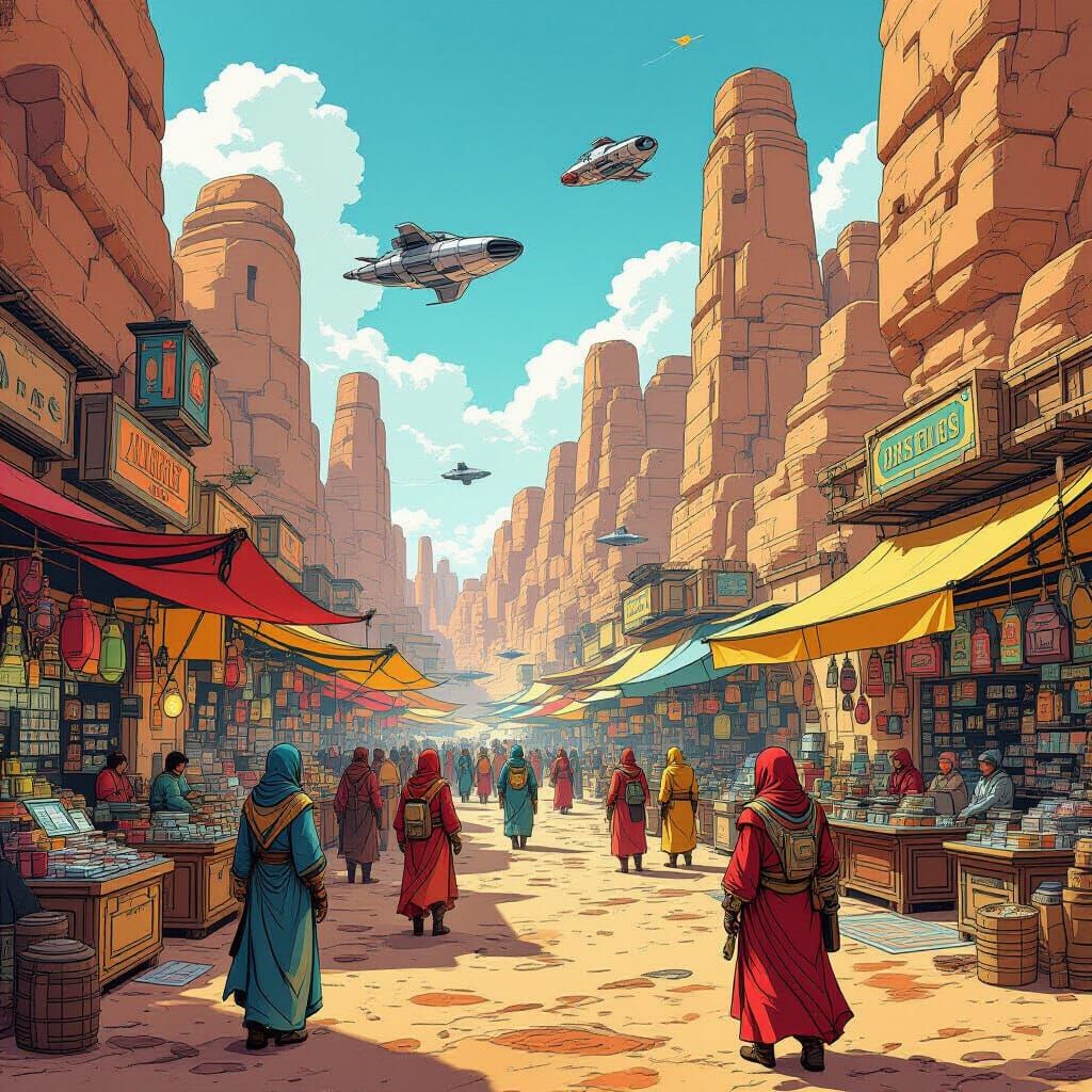 Retro-Futuristic Desert Market With Flying Vehicles