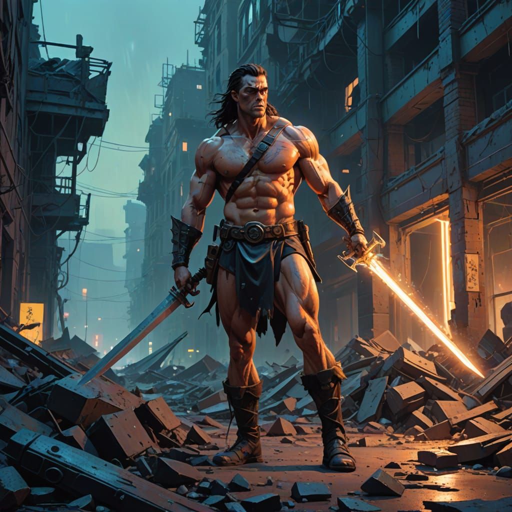 Cyberpunk Warrior in Ruins