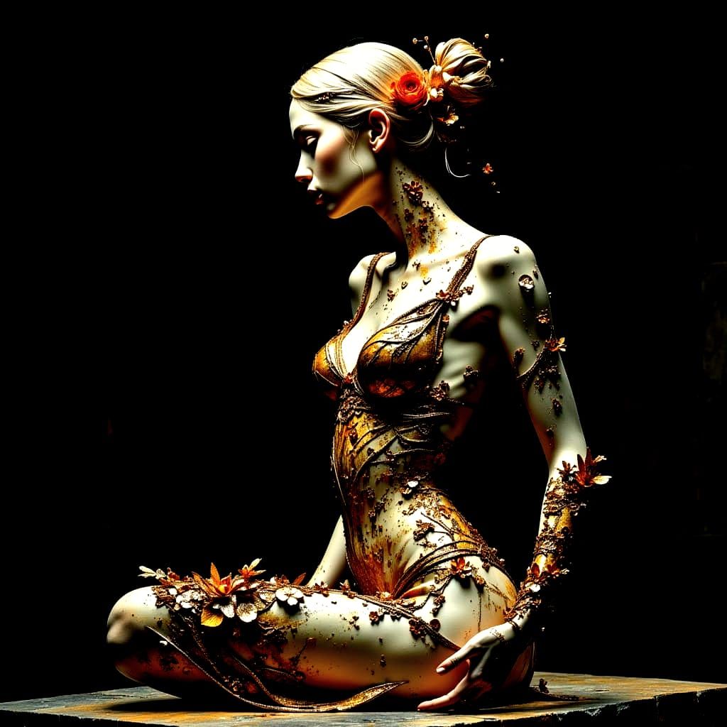 Wooden Female Statue in Dark Oil Paint Style