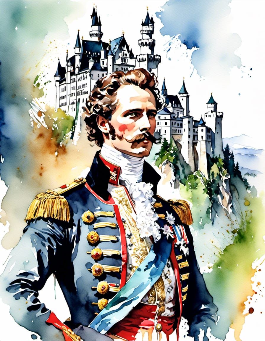 Watercolor Portrait: King Ludwig II at Neuschwanstein