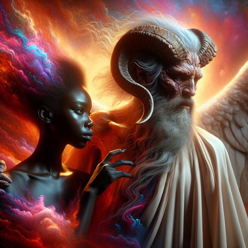 Modern Angel Comforts Woman with Horned God