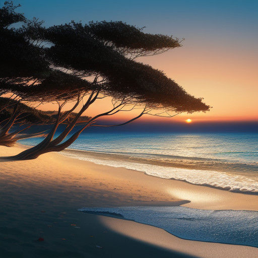 Deserted Beach at Sunset in Hyper-Realistic Digital Art