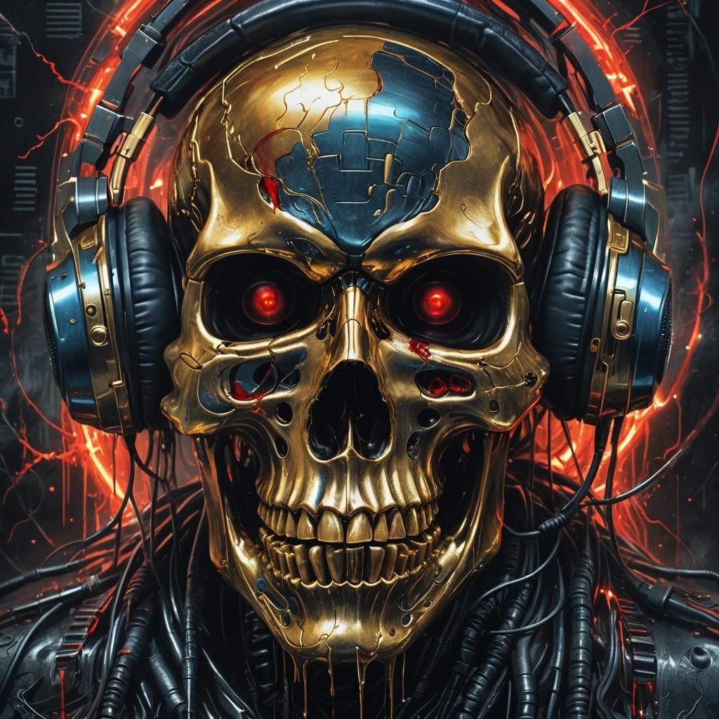 Golden Skull Weeping Blood, Dark Fantasy Digital Art