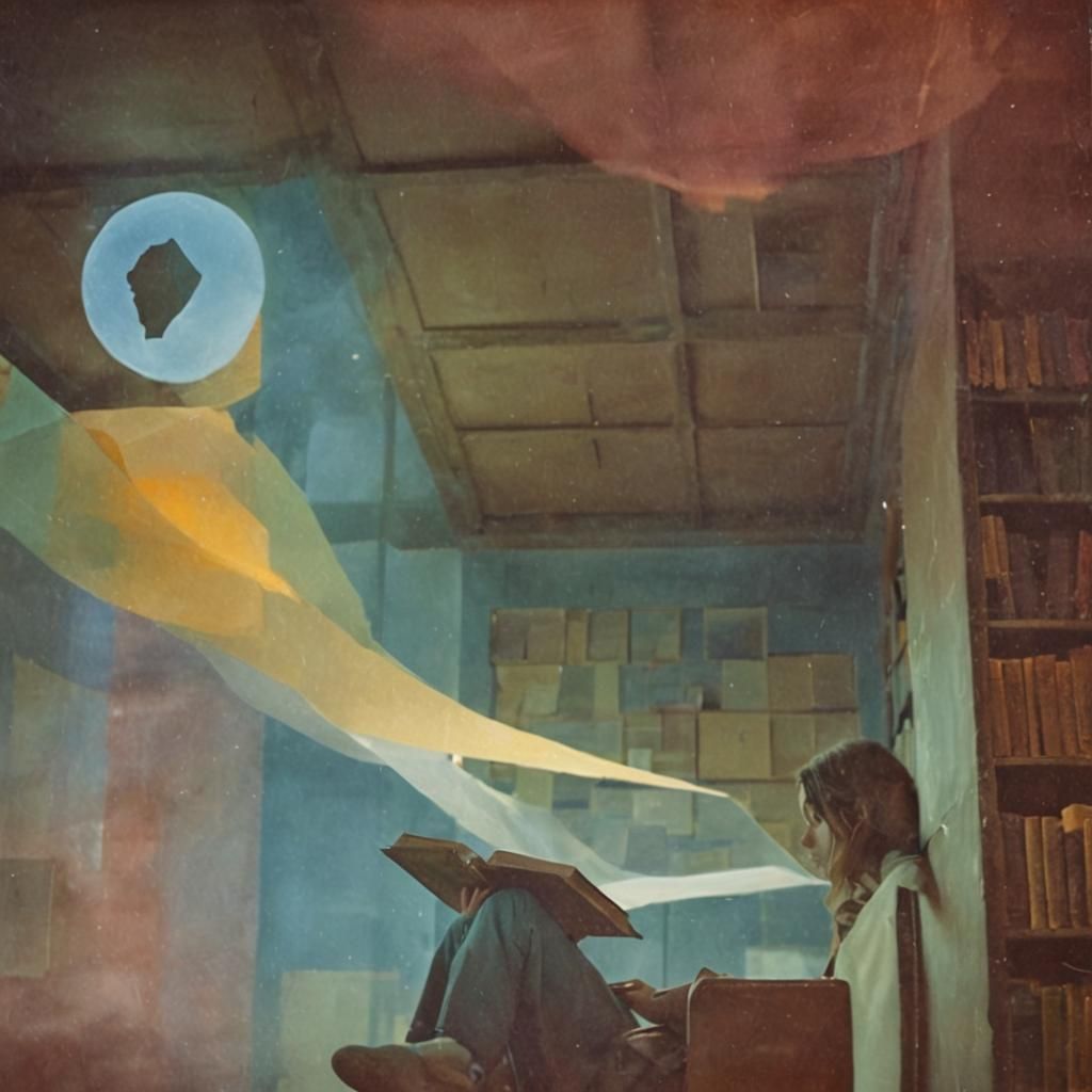 Melancholic Woman in Dim Library: Surreal Oil Painting
