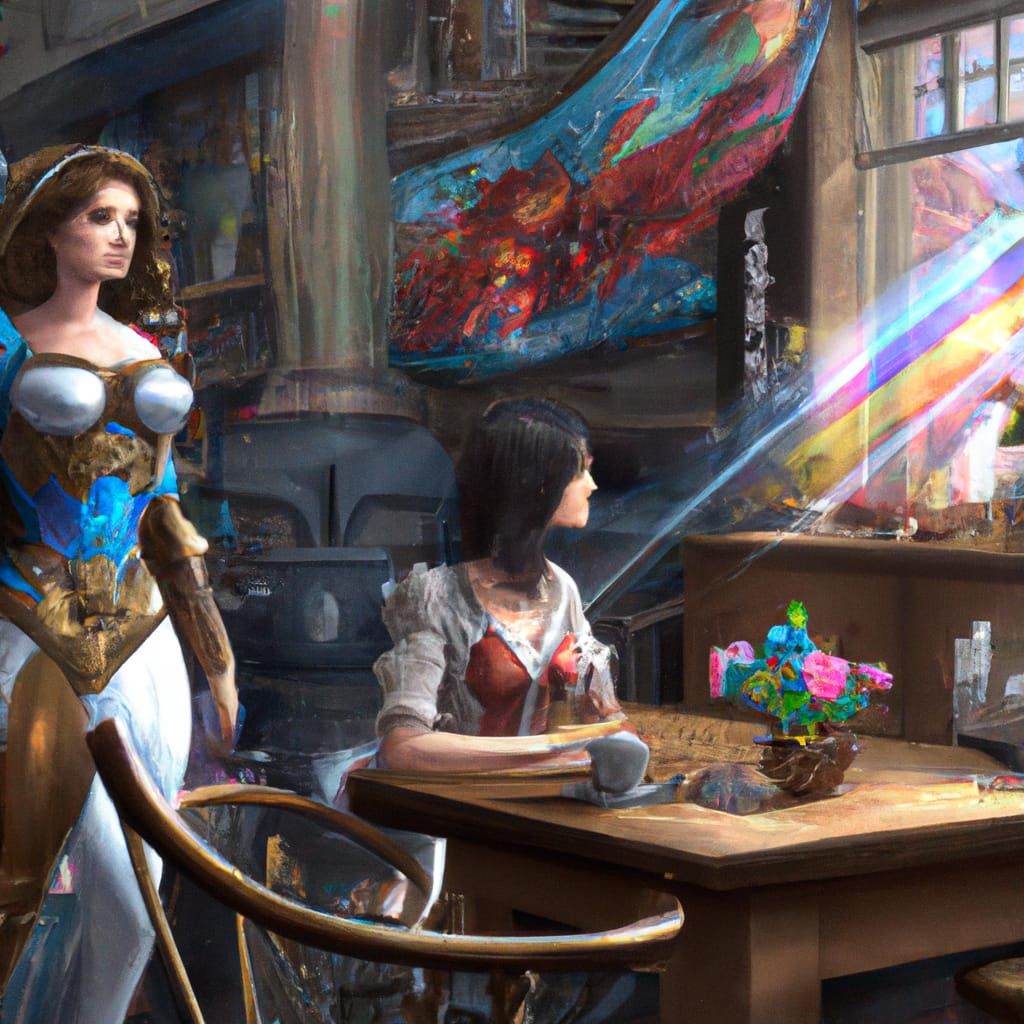 Bionic Woman and Wonder Woman in Cafe, Digital Art