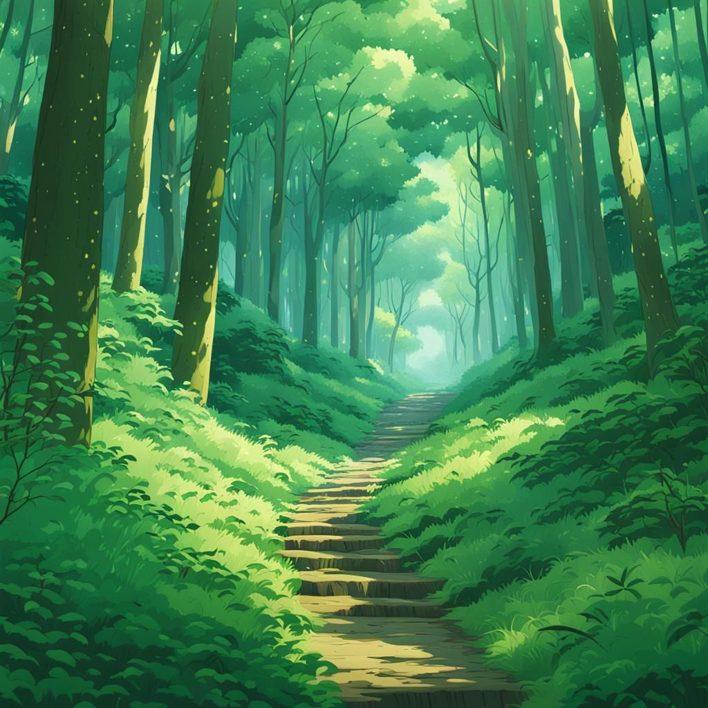 Lush Green Forest in Studio Ghibli Anime Style