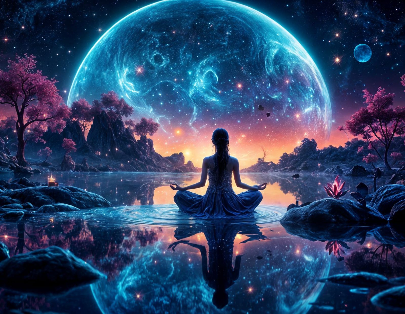 Meditative Girl Reflecting Starry Night Sky