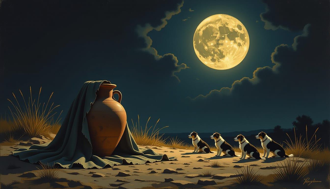 Tattered Cloak and Clay Jar Under Moonlight