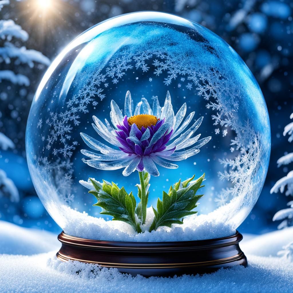 Frozen Flower in Snow Globe: 8K Resolution