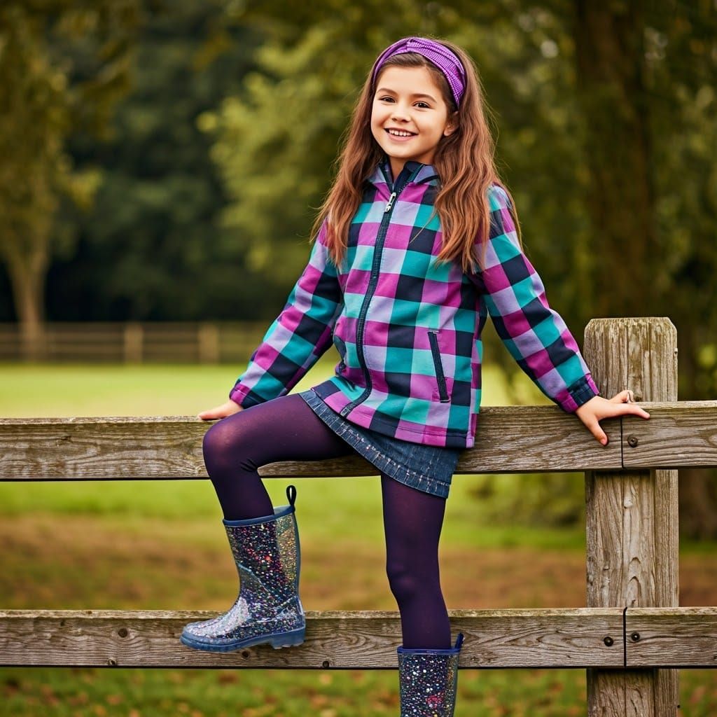 Cheerful Girl Perched on a Wooden Fence in a Vibrant Rural S...