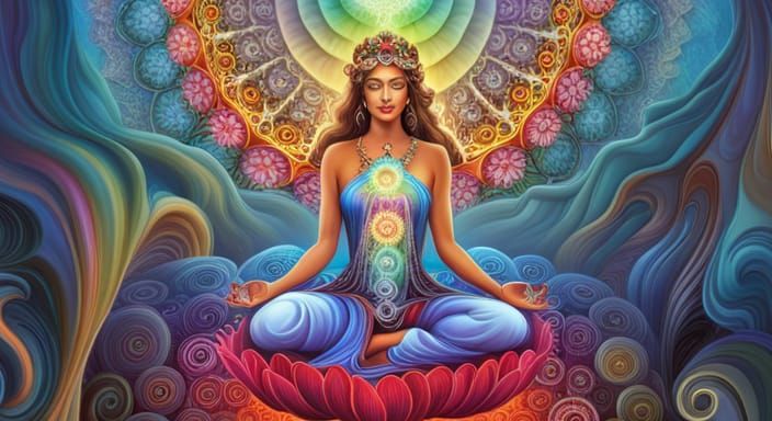 Meditating Woman in Hyperdetailed Digital Illustration