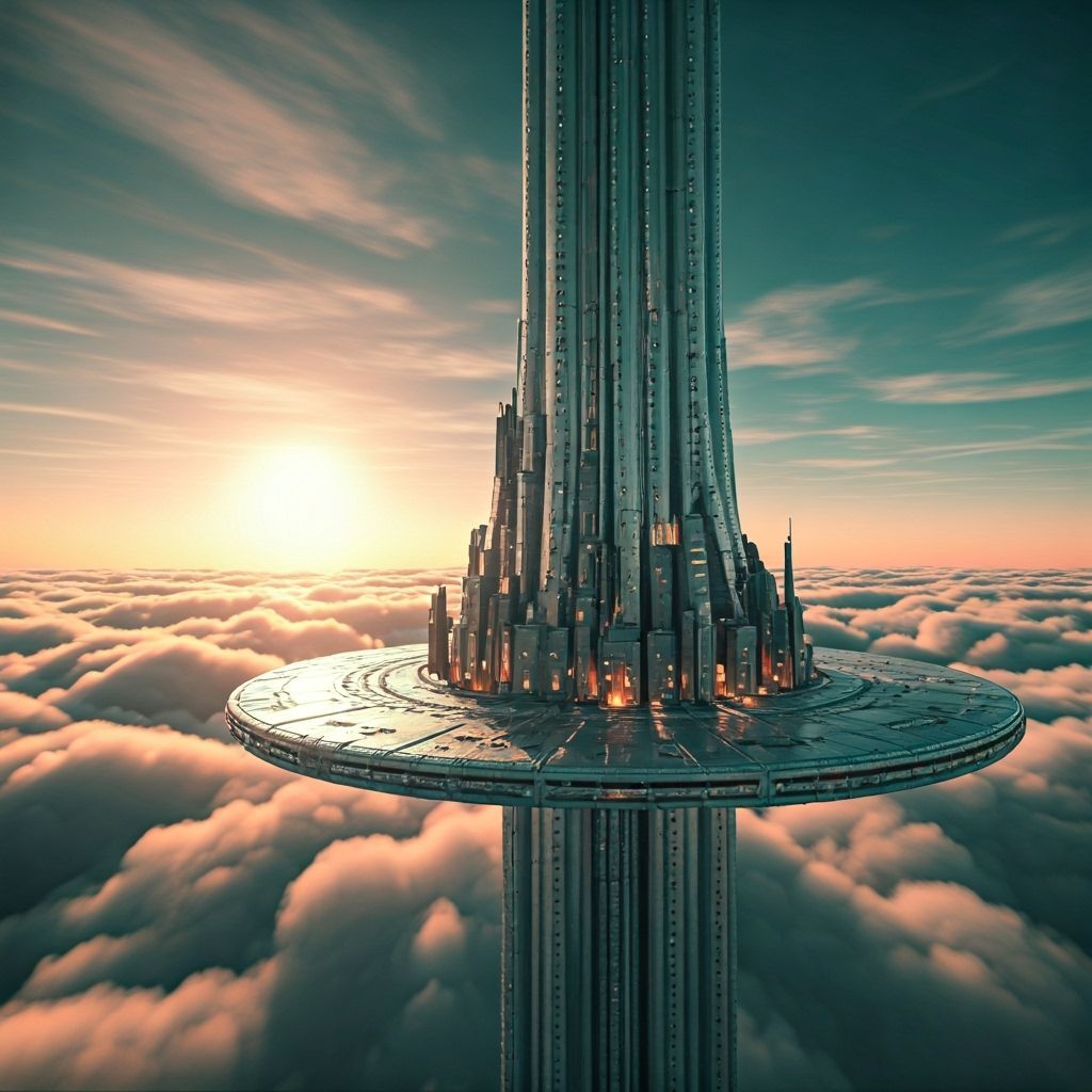 Futuristic City on Silver Tower Amidst Clouds