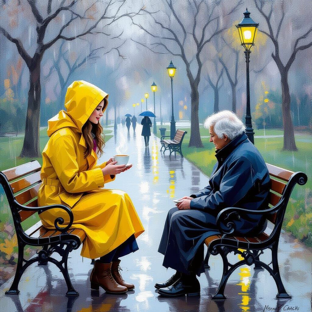 Warm Act of Kindness in Gentle Rain