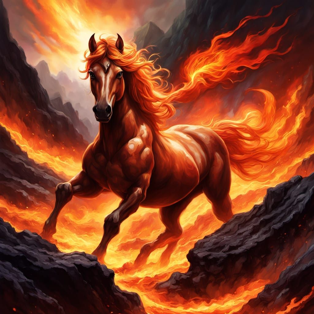 Ethereal Stallion Conquers Fiery Volcanic Realm in Fantasy A...