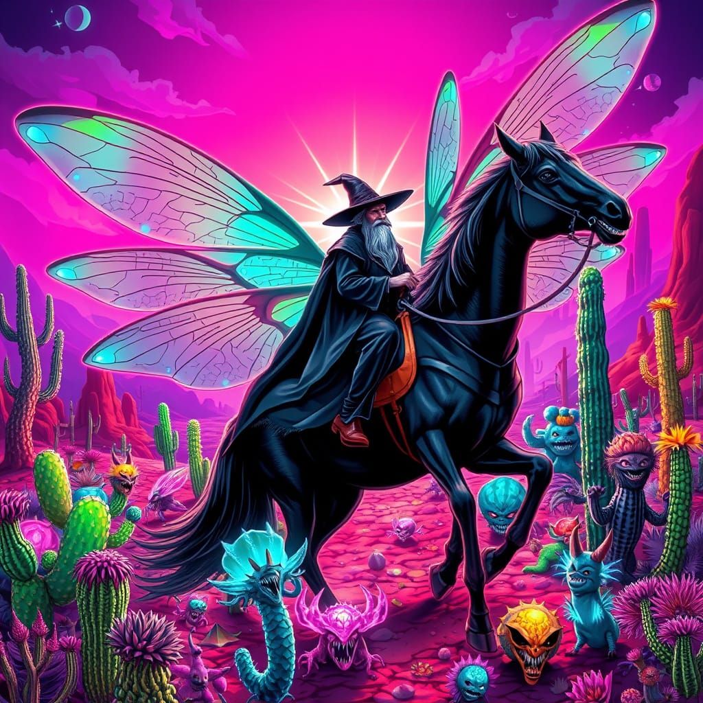 Wizard on Bioluminescent Horse in Alien Desert
