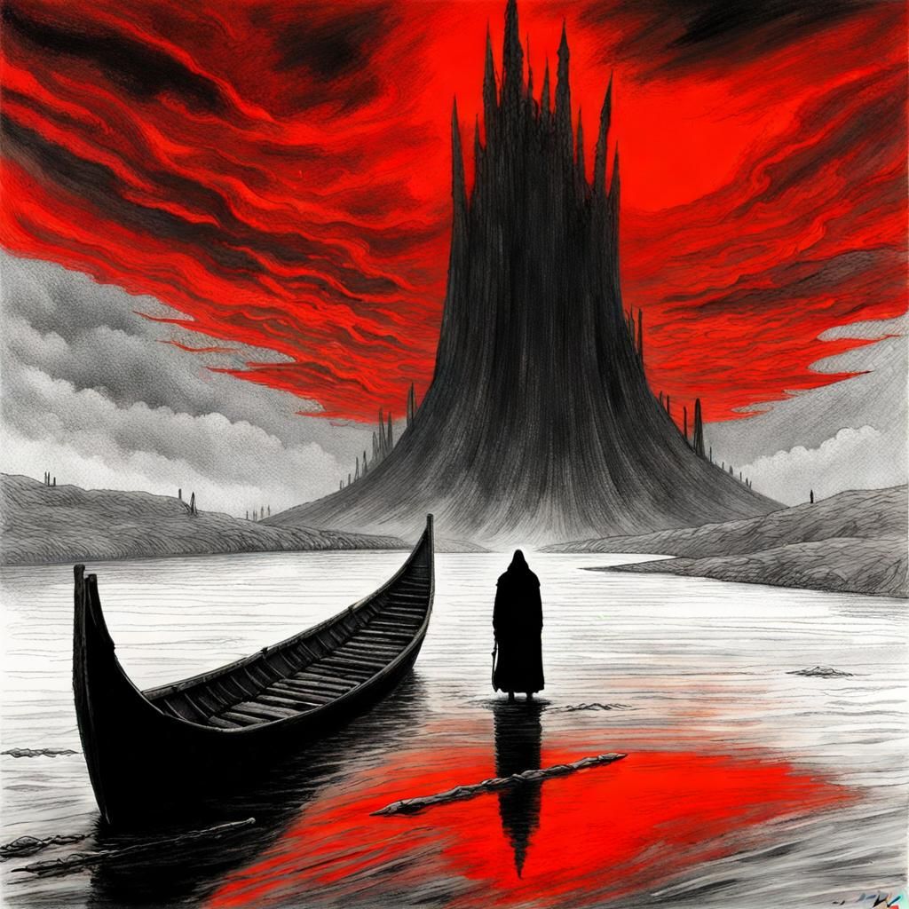Charon on Styx in Hellish Landscape, Horror Art