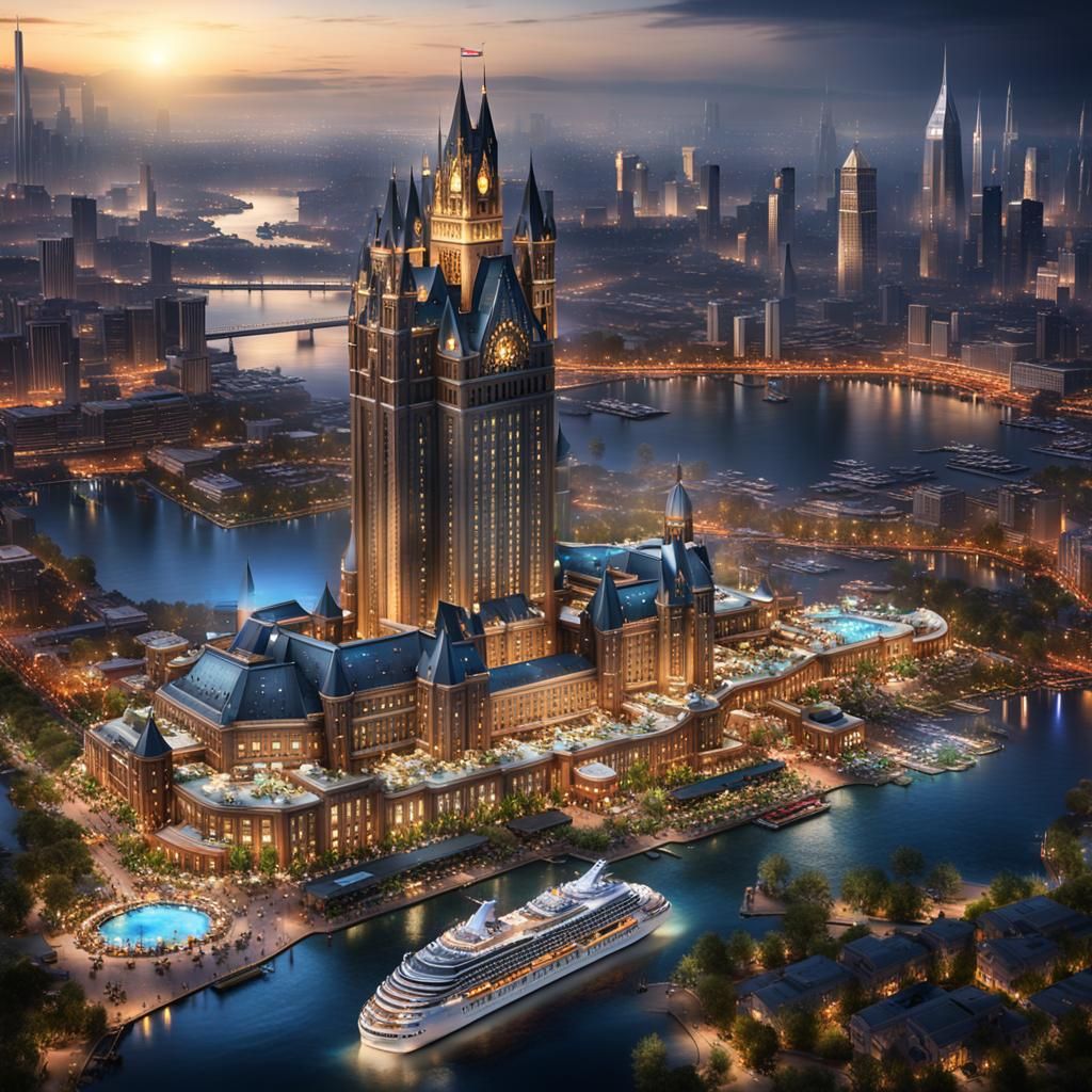 Spectacular Night Paradise City with Giant Cruise Ships