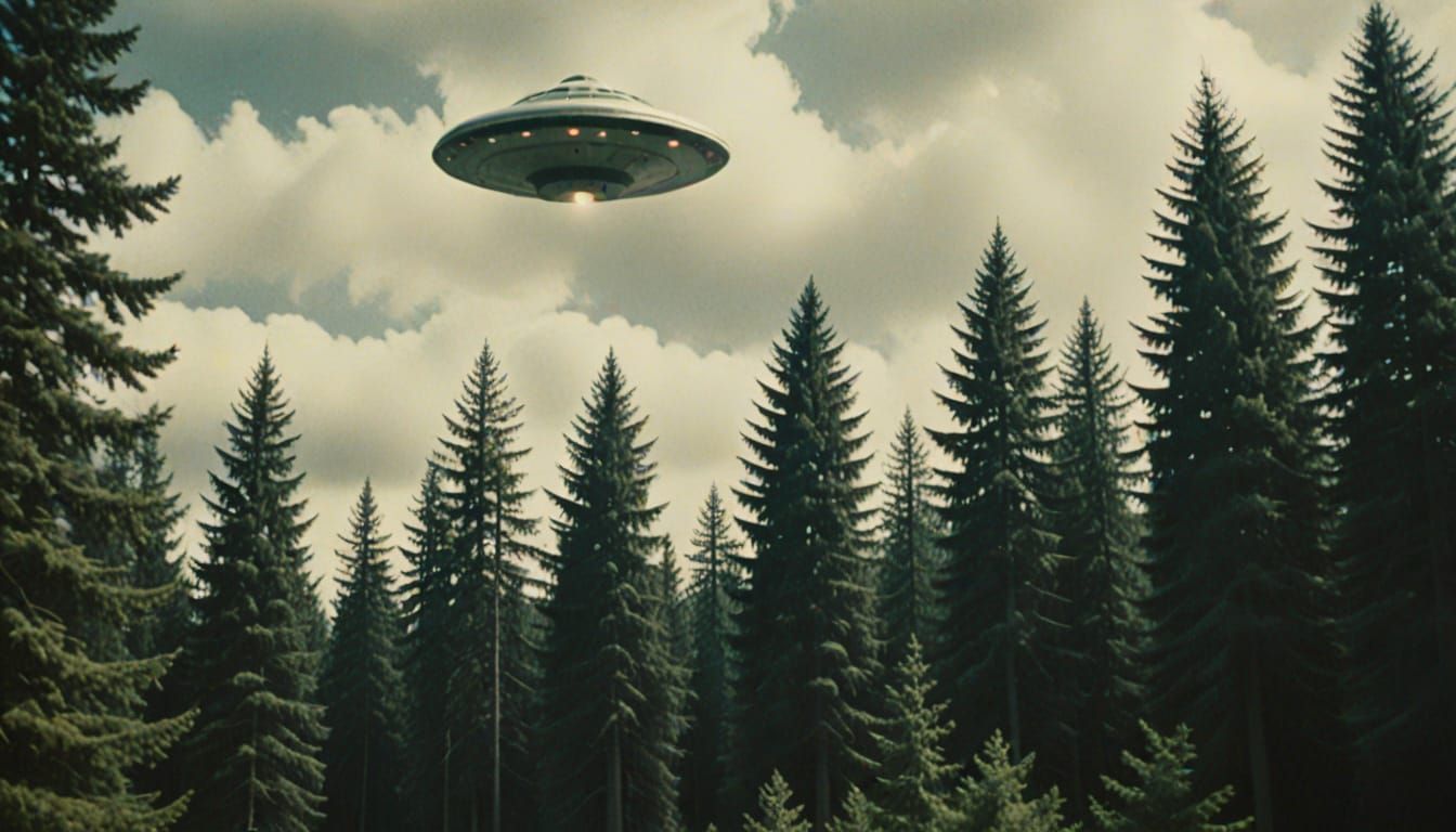 Retro UFO Hovering Among Pine Trees