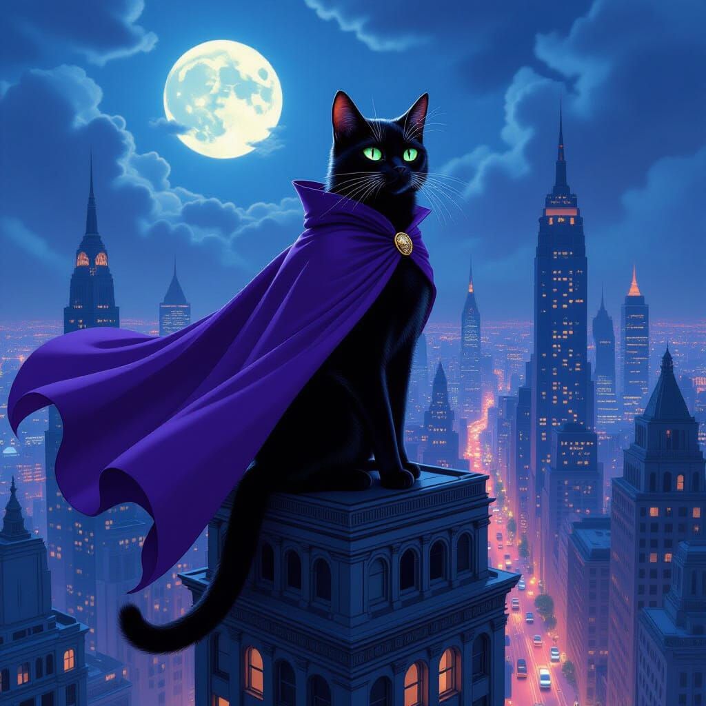 Black Cat Superhero Over Moonlit Cityscape in Art Nouveau St...