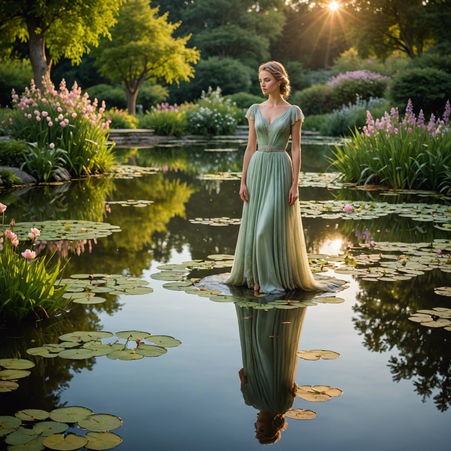 Statuesque Lady in a Serene Garden Pond