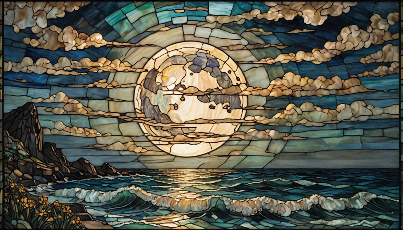Luminous Full Moon Over Ocean in Stained Glass