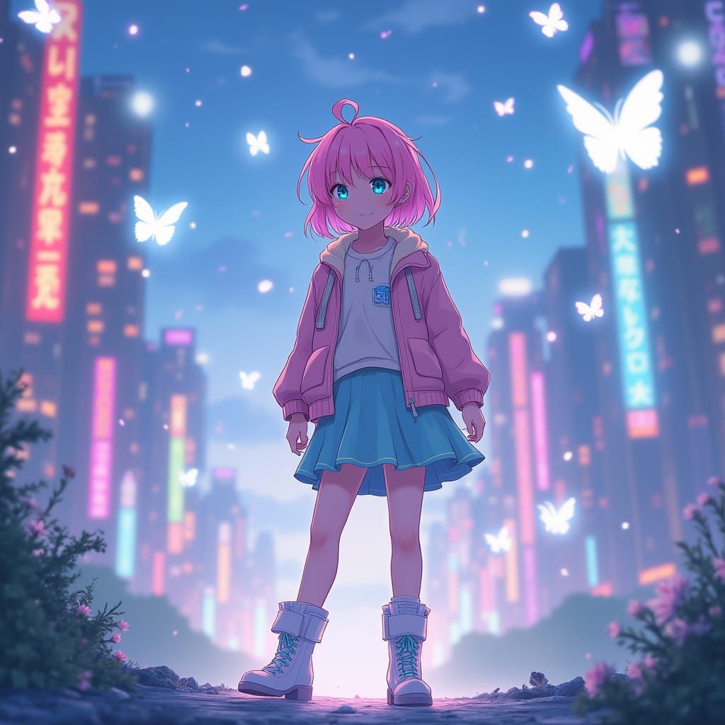 Anime Man in Neon City with Holographic Butterflies