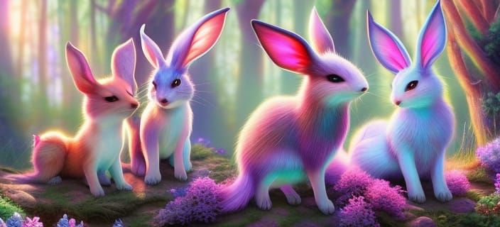 Enchanted Forest: Whimsical Rabbits in a Fantasy Landscape