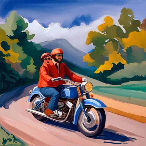 Couple on Motorcycle in Gouache Watercolor Style