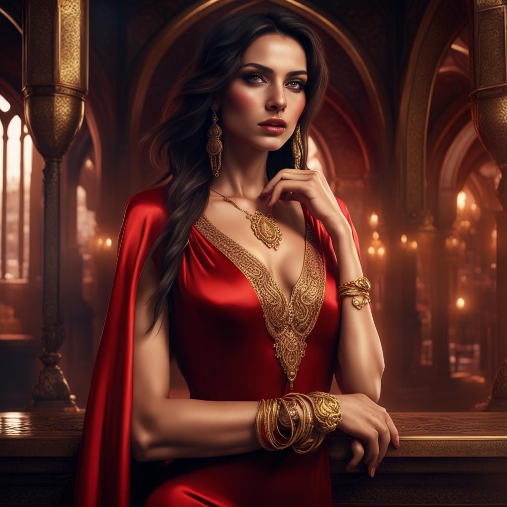 Sensual Woman in Red Silk Dress: Matte Painting