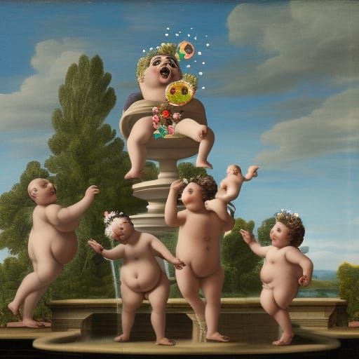 Spring Fountain With Dancing Statue, Dark Fantasy Art