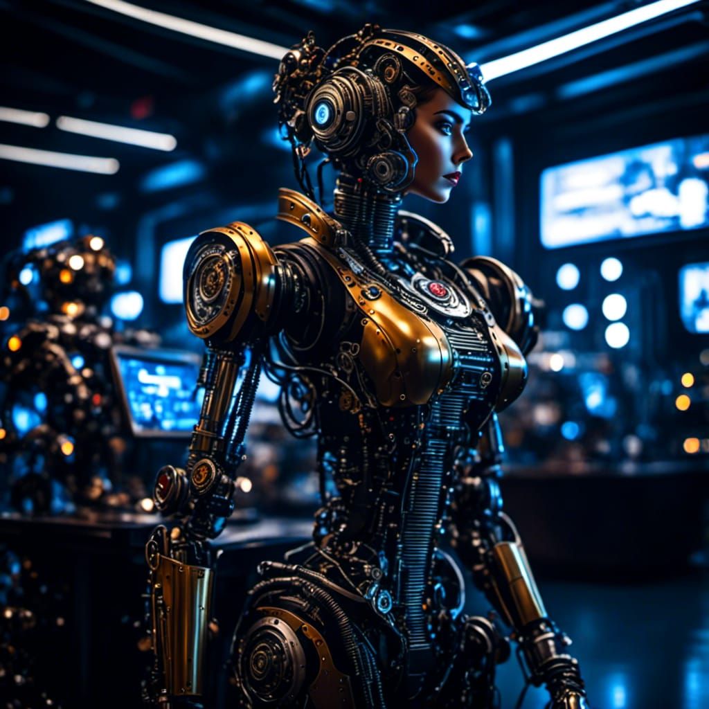 Biopunk Cyborg on Spaceship Bridge in Cyberpunk Style